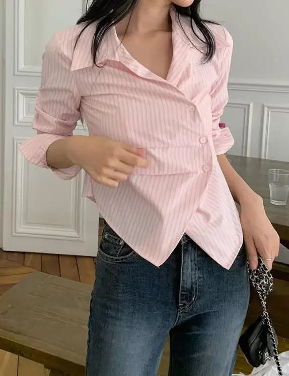 

Autumn Collar Striped Printed Button Fold Decoration Asymmetrical Shirt for Ladies, Elegant and Casual Long Sleeved Shirt