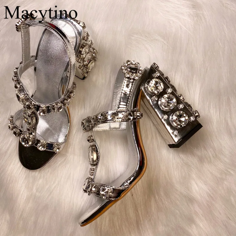 Rhinestone T-strap Design Ladies High Heel Sandals Round Toe Chunky High Heel Sandals Fashion Party High Heel Sandals