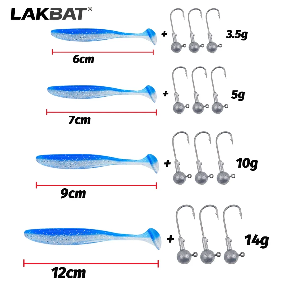 LAKBAT 10PCS Soft Lure 3PCS Jig Head Hooks Combo, 6/7/9/12cm Silicone Worm Bait, Multi Weight Lead Hooks, Bass Saltwater Fishing