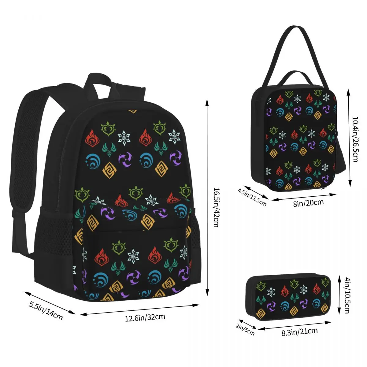 Genshin Impact AllElements Backpacks Boys Girls Bookbag School Bags Kids Rucksack Lunch Bag Pen Bag Three-Piece Set