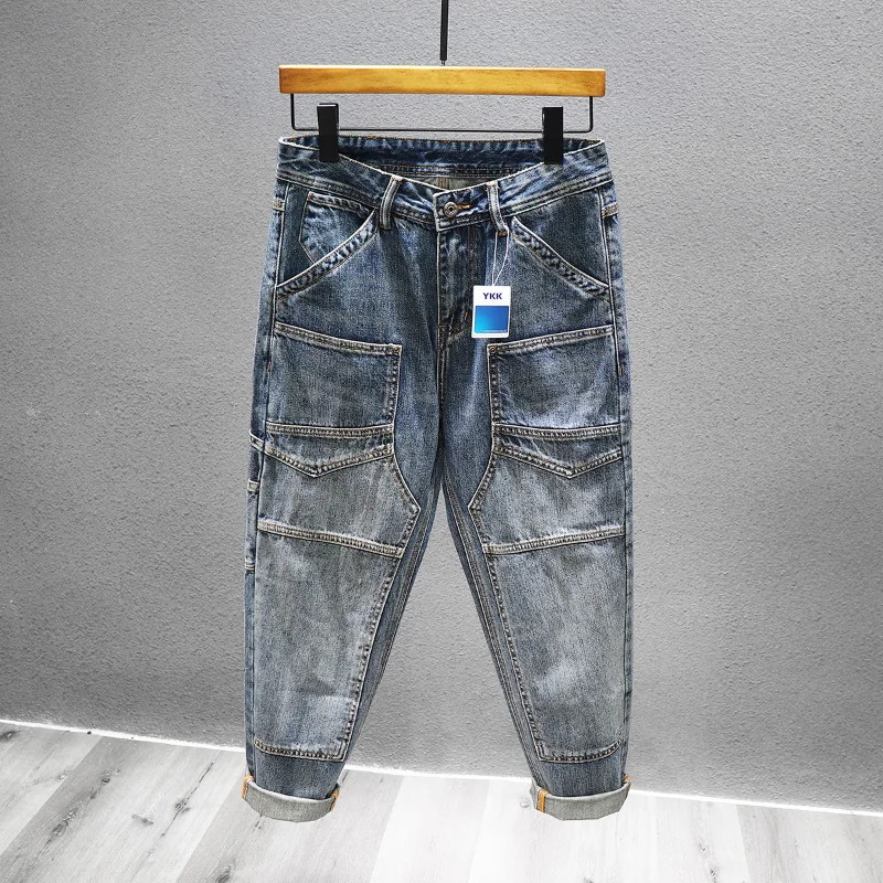 American Vintage Cargo Stitching Jeans Men's Slim Elastic Fashion Washed Dilapidated Y2k Trousers Male Streetwear Denim Pants