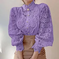 New Women's Long Sleeve High Neck  Chic Blouse, Lace Paneled Hollow Sleeve Elegant Top, Vintage Fashion Office Lady Outfits - Image 6