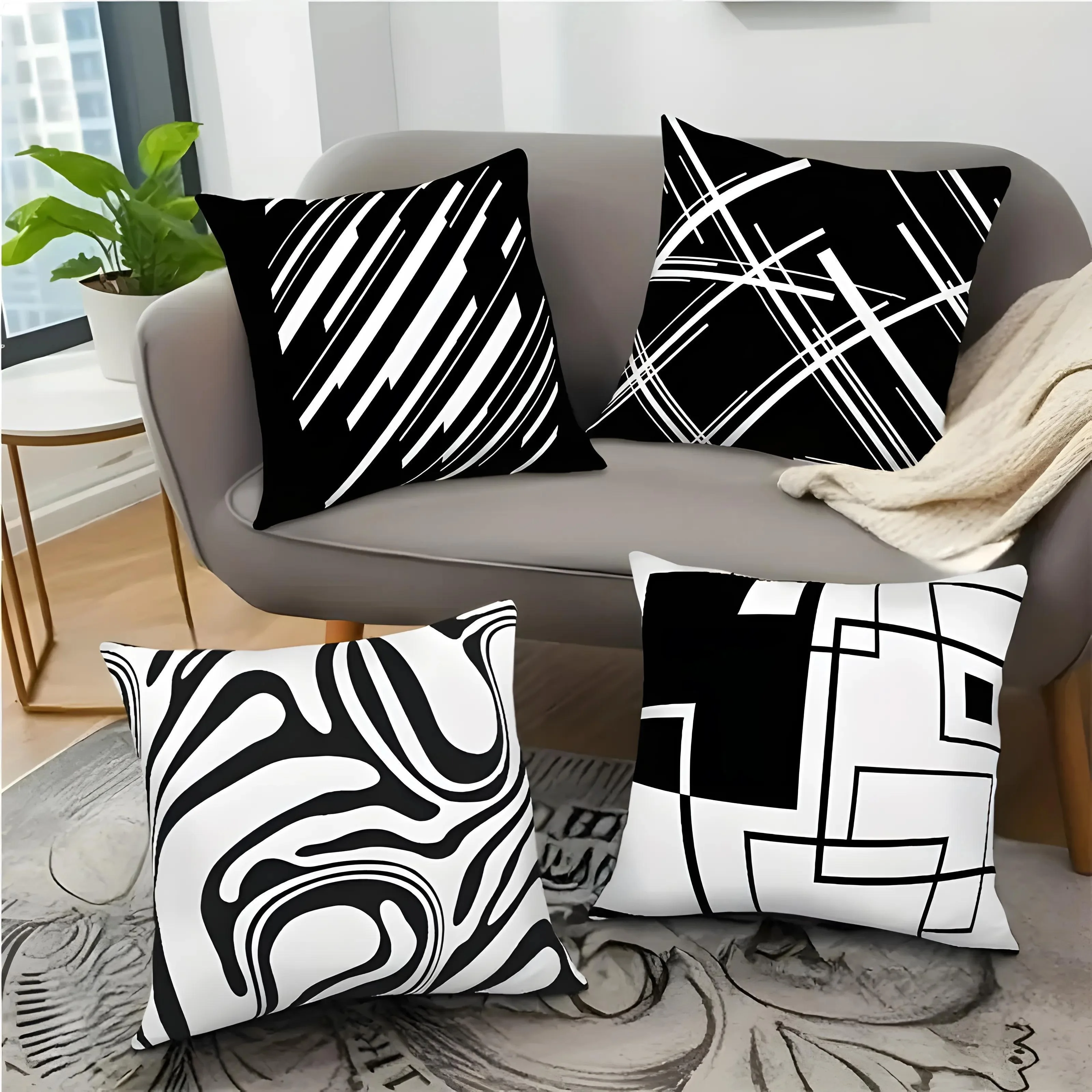 Modern Abstract Geometric Throw Pillow Covers Set 4 Pack Black and White Cushions for Living Room Decor Accent Home