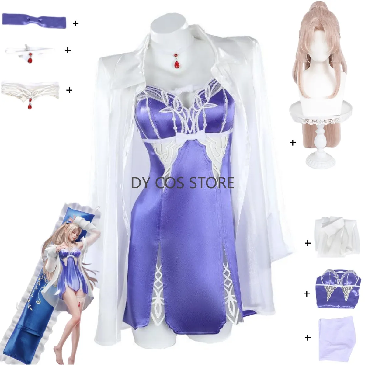 Juego Naraka: Bladepoint Yoto Hime, disfraz de Cosplay, pijama, camisa blanca, abrigo, bata de dormir azul, peluca, traje diario Sexy para mujer