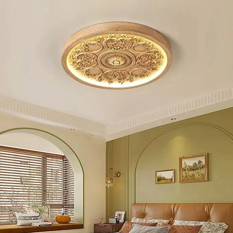 French Cream Style Carved Ceiling Light Advanced Sense Flower Study LED Ceiling Lamp Medieval Retro Master Bedroom Room Lights