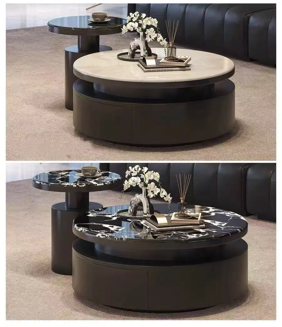 #Modern Round Coffee Table Set, Microcrystalline Stone Top with Storage Drawers for Living Room