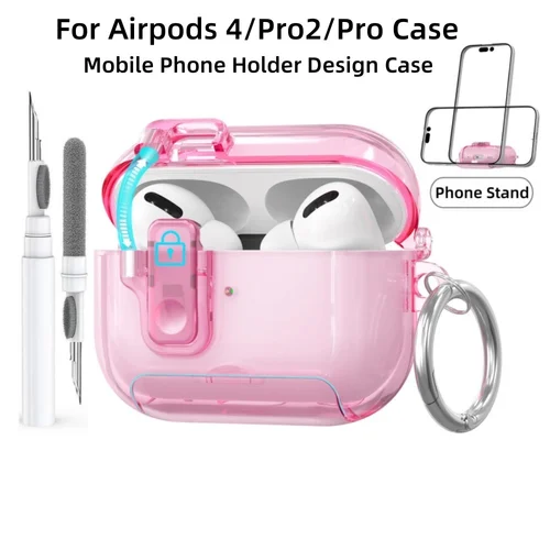 2025 para AirPods Pro 3 Funda transparente rosa con soporte para teléfono y cubierta transparente con cerradura segura con kit de limpieza y llavero para AirPods 4/Pro 2