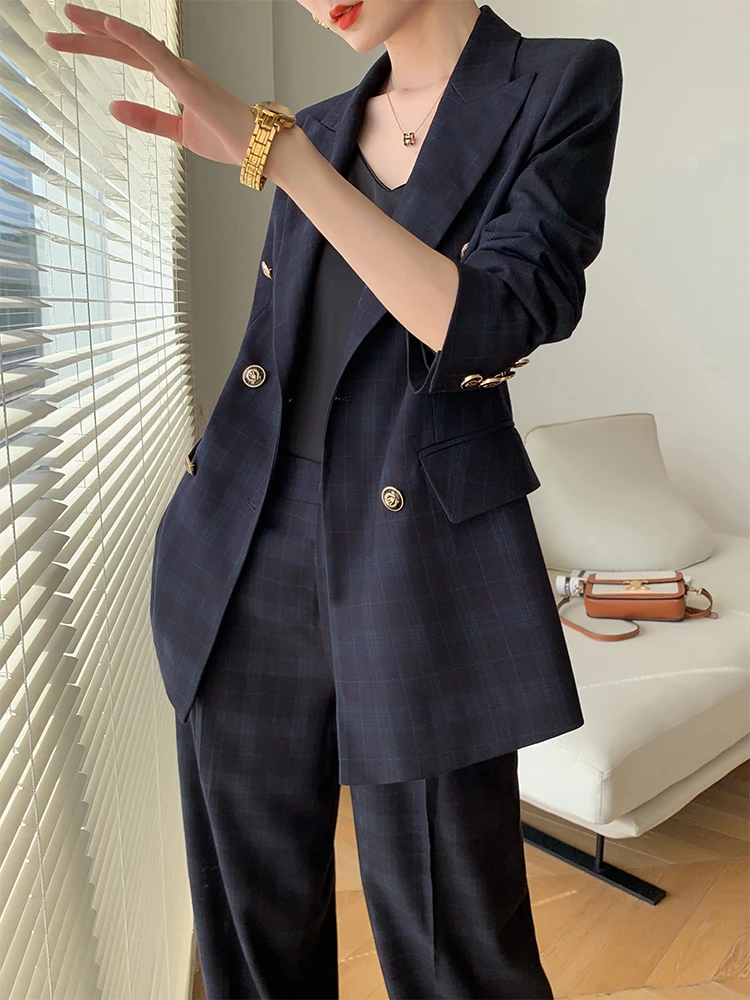 

Ele женский костюм в клетку с широкими штанинами, повседневный костюм Briti Sle для поездок на работу, длинный свек, двубортный полиэстер