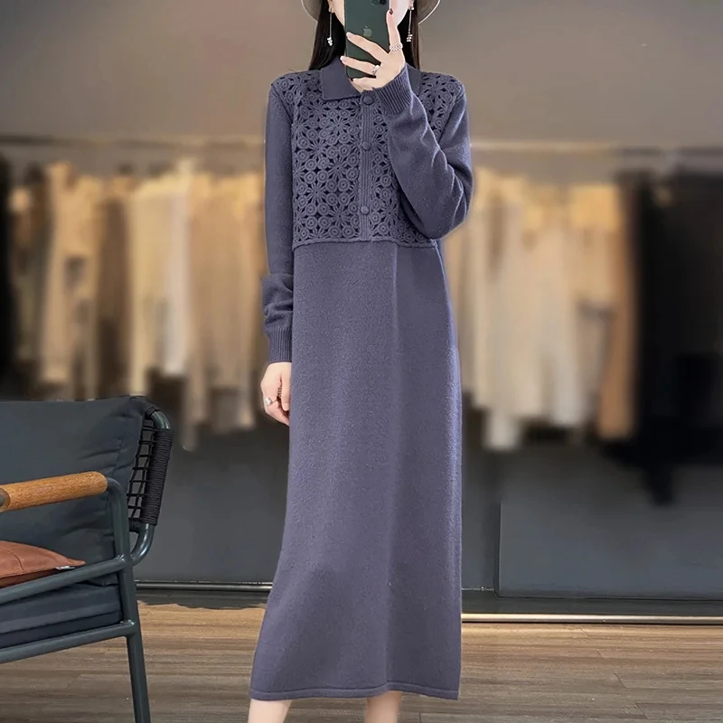 Longer Dresses for Women, 100% Cashmere and Wool Knit Jumpers, Shirt Style Pullovers, New Fashion, Winter, NJ01, 2024