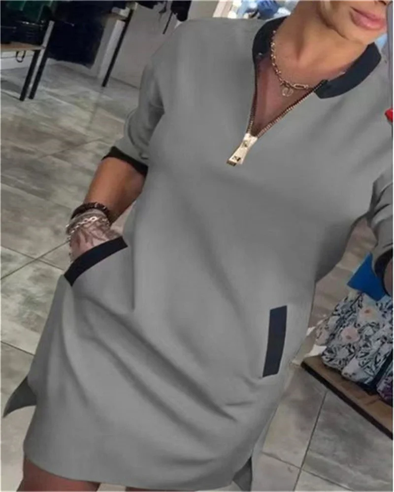 2024 Women's Dress V-neck Zipper Three-quarter Sleeve Elegant Casual Dress New Women's Leisure Suit