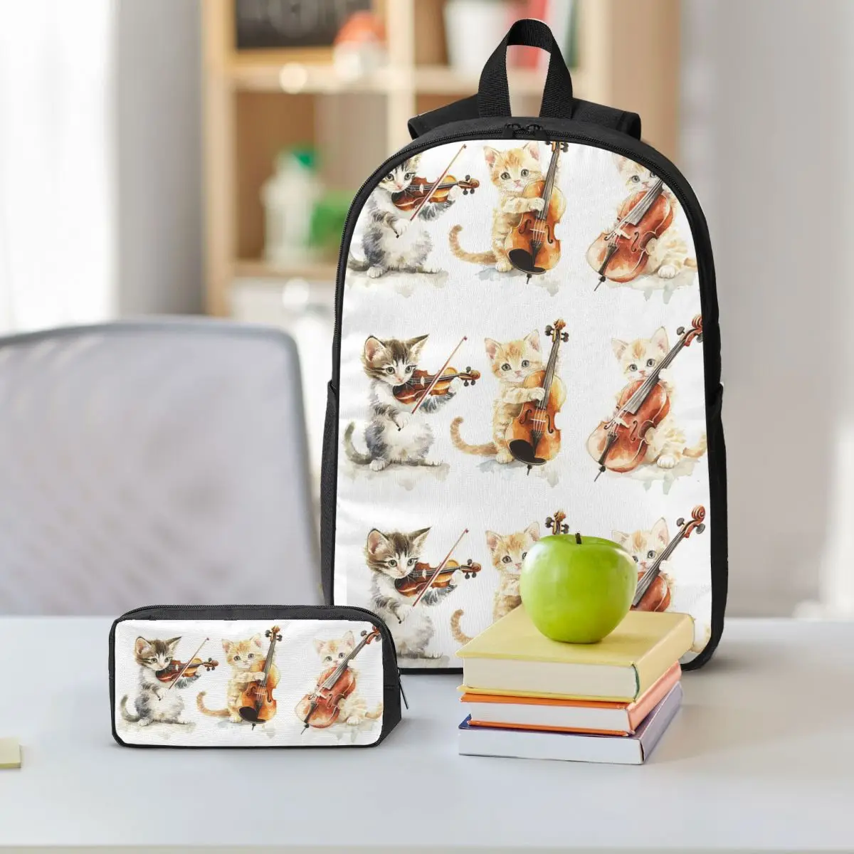 Cat Orchestra Kitten And Music Design Backpack Boys Girls BookBag School Bag Shoulder Bags 3ps Insulated Lunch Bag Pencil Case