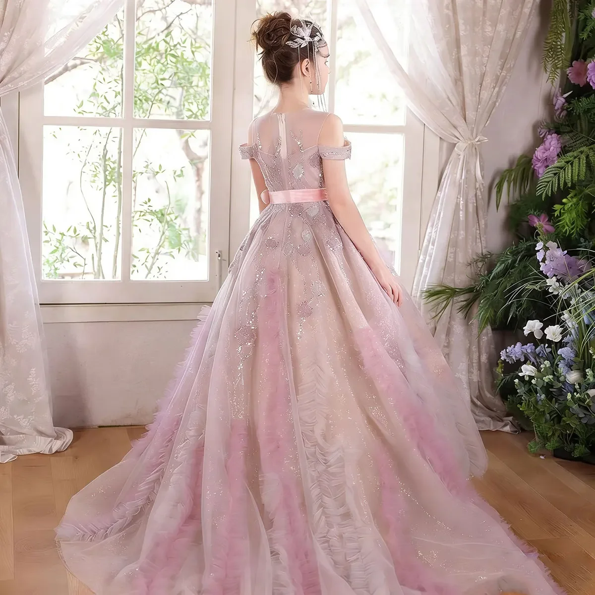 Custom Flower Girl Dress Wedding Gown Birthday Party Pageant Off Shoulder Sequin Tulle Ball Gown With Train فساتين بنات