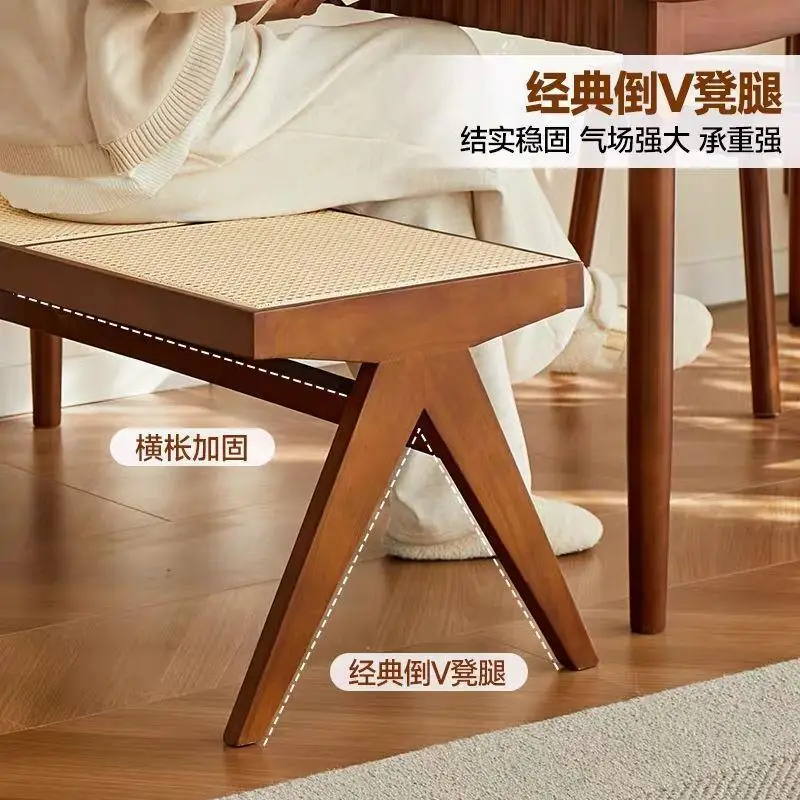 Household solid wood rattan square stool single double triple bench bedroom living room