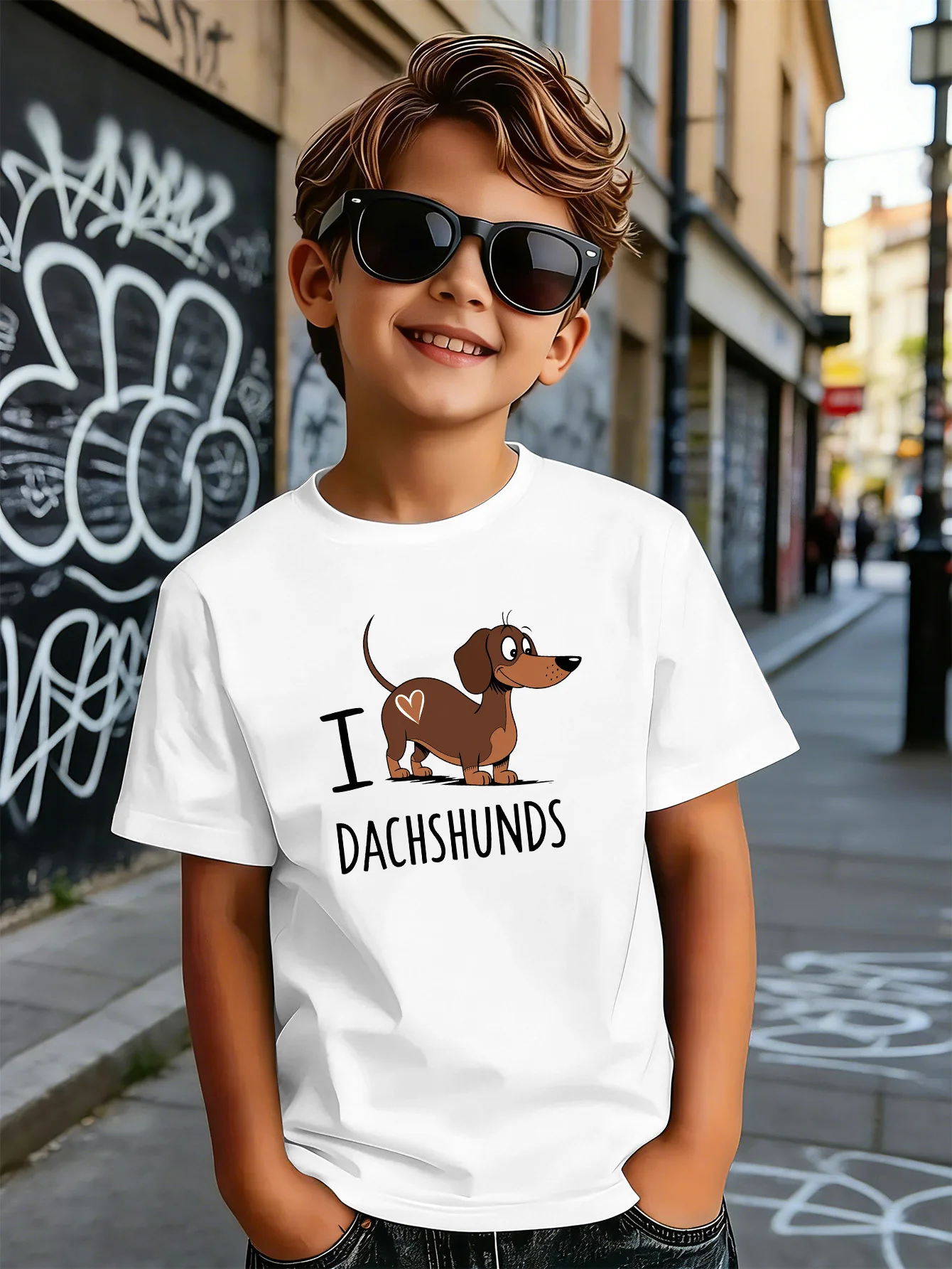 Lovely Dachshund Cartoon Dog Letter Print Boys Girls Family Matching Cotton Short Sleeve Crew Neck Soft Summer Kids Casual Tees