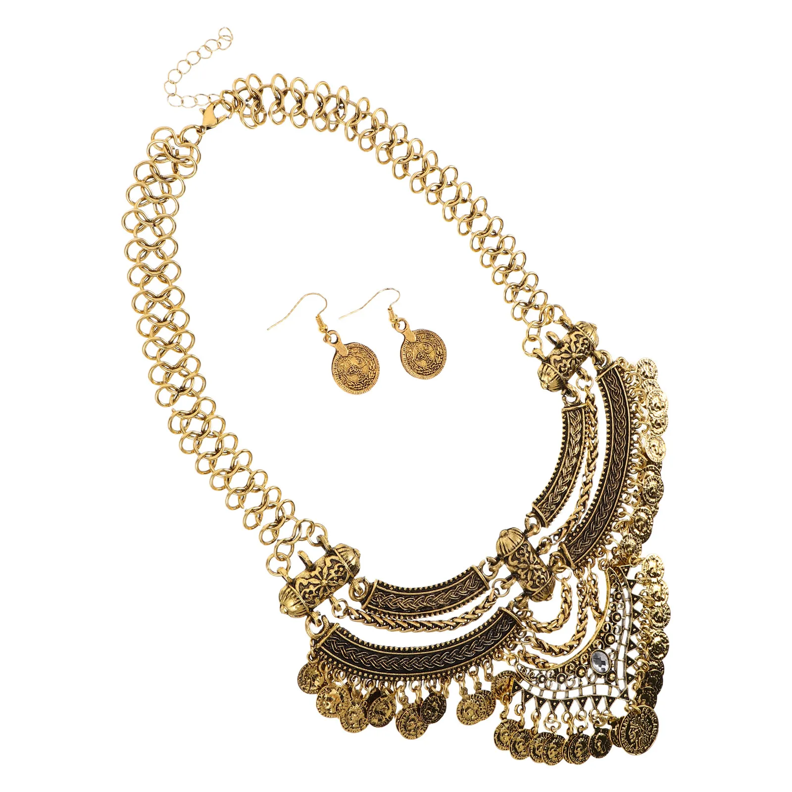 1Set Fashion Ethnic Necklace Earrings Set for Women Bohemian Punk Style Tassel Pendant Retro Coin Bib Collarbone Jewelry Combo