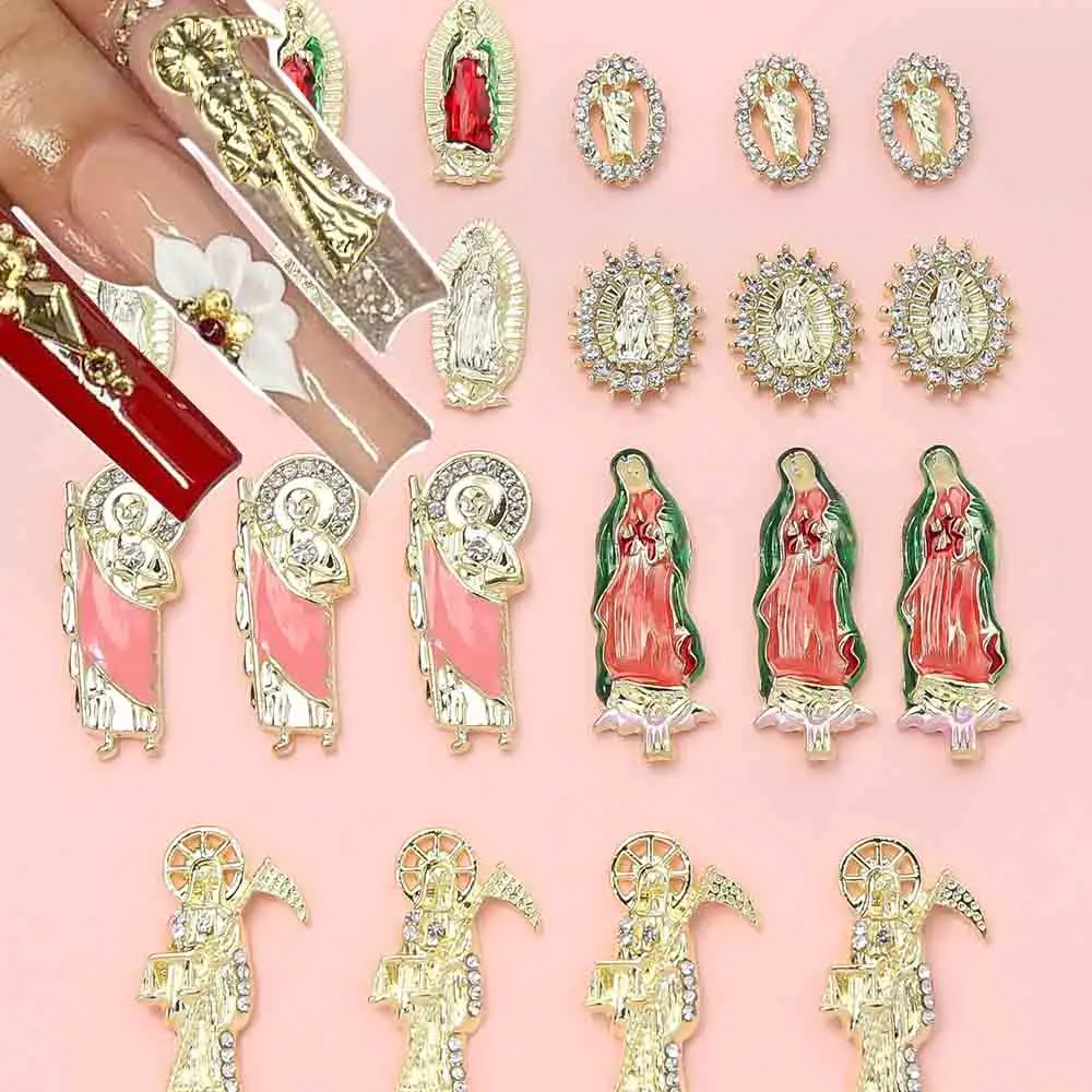 21pcs/Box Alloy Virgin Mary Christian 3D Nail Charms Luxury San Judas Gemstone Metal Shiny Buddha Religious Nail Rhinestones