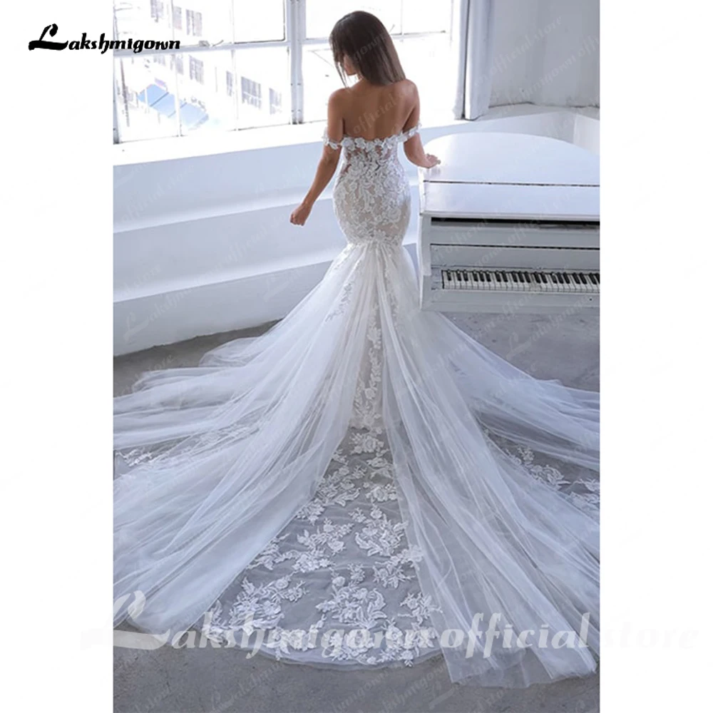 Lakshmigown-vestido de novia sirena con hombros descubiertos, apliques de encaje personalizados, vestidos sin espalda para mujer elegantes y bonitos