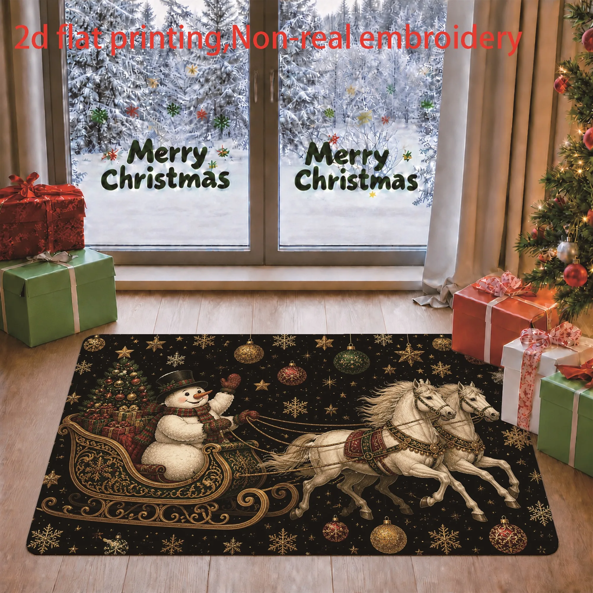 Bear Snowman Deer Rabbit Christmas Area Mat Snowy Birch Forest Print Rug For Indoor Entryway