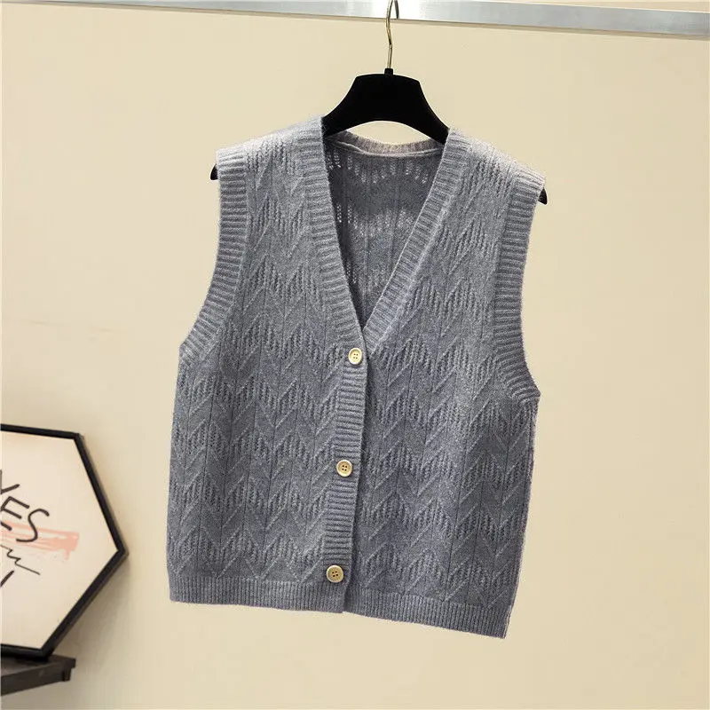 Autumn Winter Screw Thread V-Neck Knitted Sleeveless Button Up Women\'s Clothing Cardigan Coats Casual Elegant Vest Sweet Tops