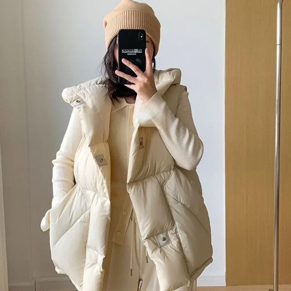 Duck Down Warm Streetwear Pocket Sleeveless Jacket Oversize Puffer Coat Outerwear Hooded Waistcoat Woman 2024 Autumn Winter