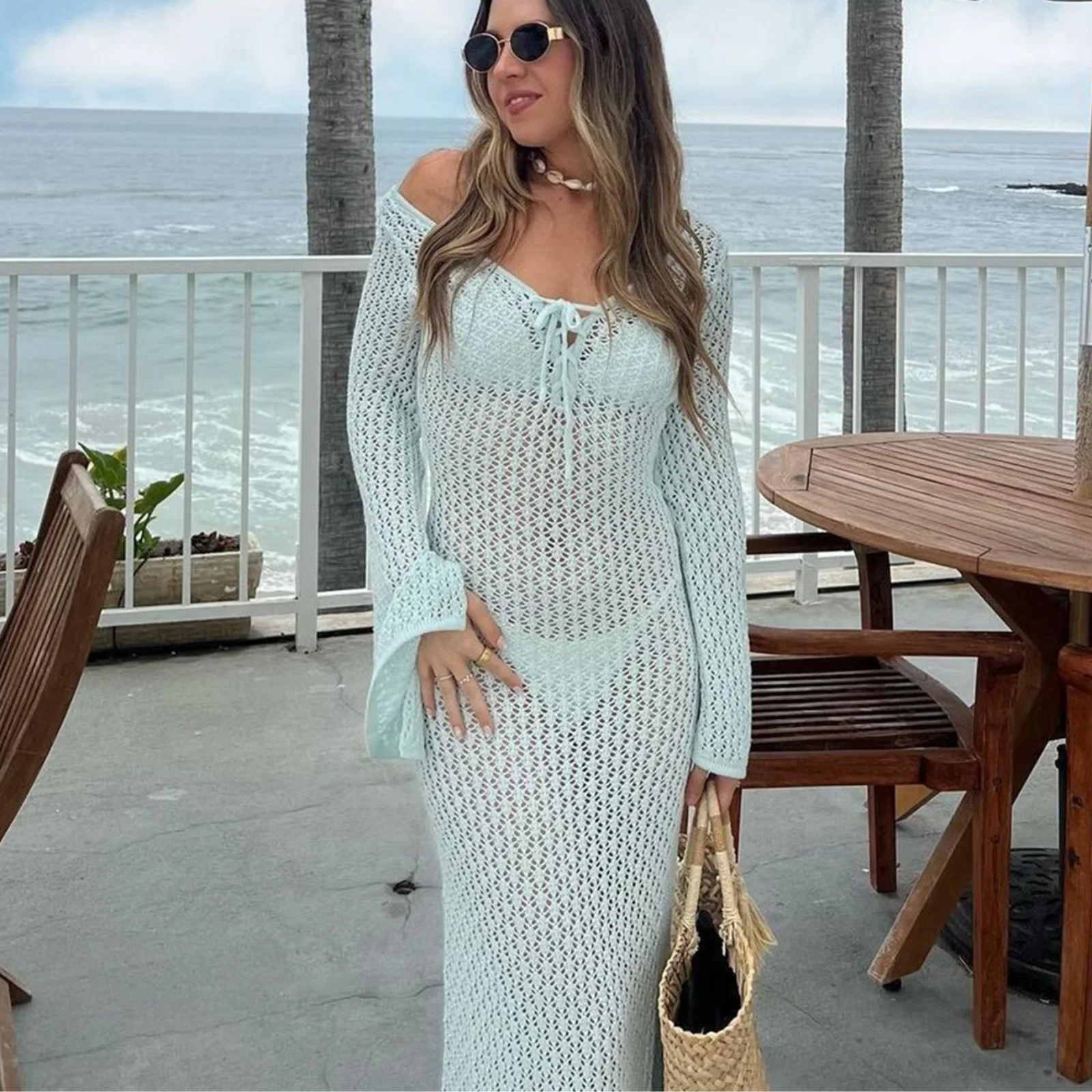 Yiiciovy Women Knitted Long Beach Dress Elegant Slim Fit Bikini Cover-ups Long Sleeve V Neck Tie Up Crochet Tunic Beach Wear