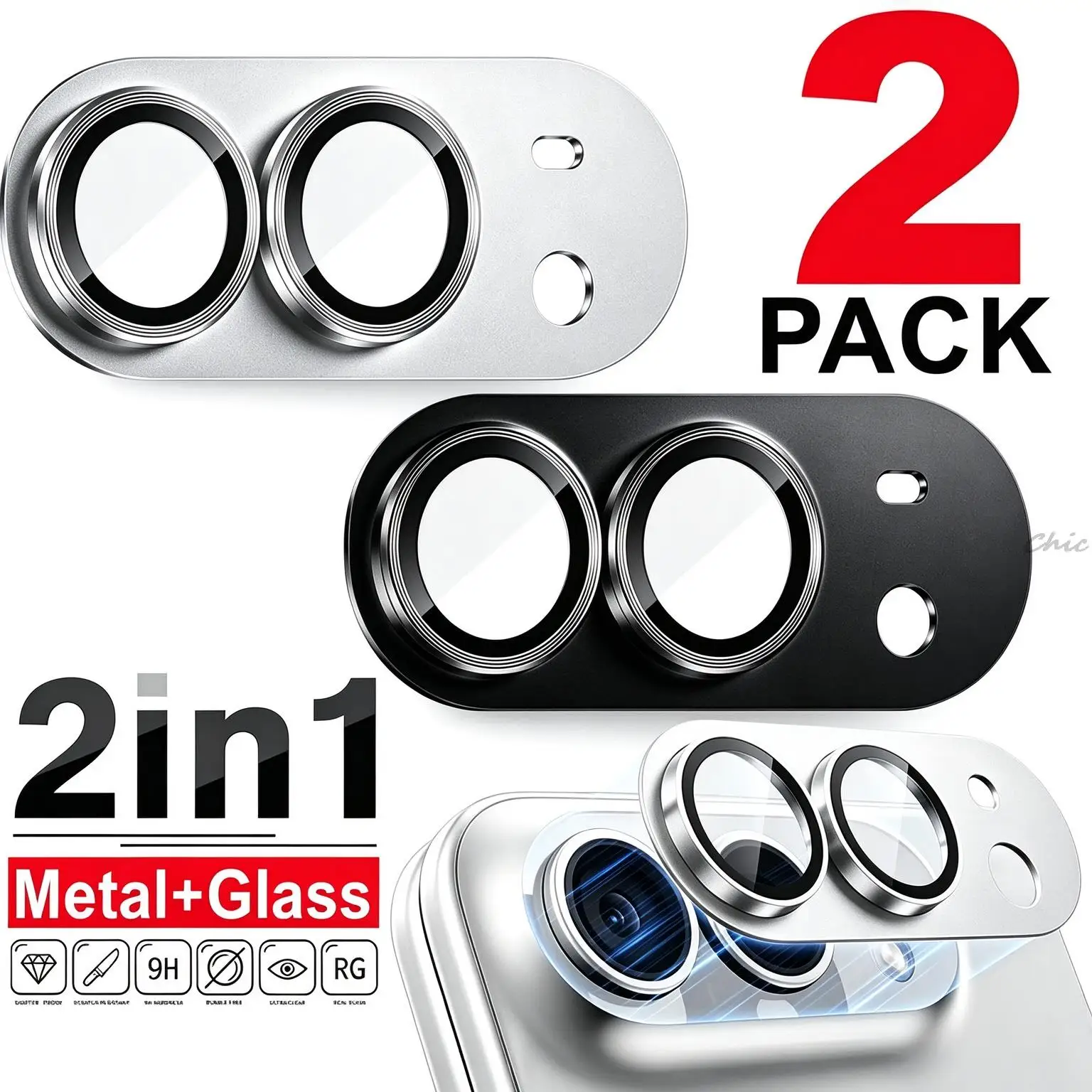 2Pcs For iPhone Duo Metal Tempered Glass Camera Lens Protector HD Anti-Scratch Lens Film Full Coverage Camera Lens Accessories