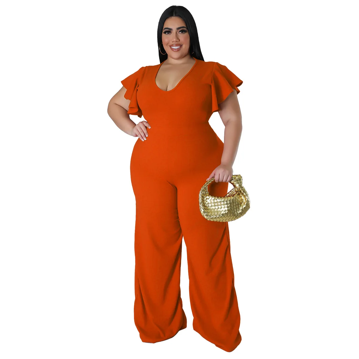 Big Size Loose Wide Leg Pants Fashion Women Jumpsuit V Neck Ruffles Short Sleeves Solid Elegant Office Lady Party Rompers 4XL