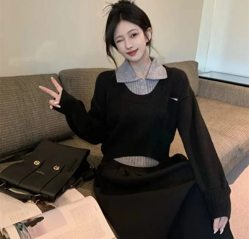 

Neck Sweater Set for Women Spring Autumn New Style Age Reduction Knitted Top Color Block Design College Style