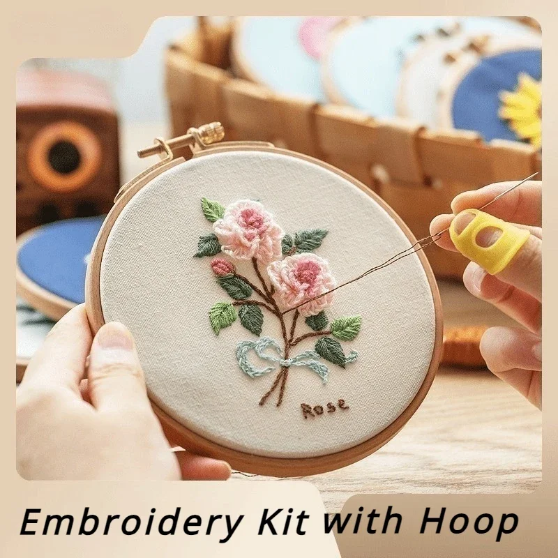 1 Set Beginner's Embroidery Kit with Hoop, Complete DIY Pack for Crafting, Unique Floral Patterns Designs, Embroidery Gifts