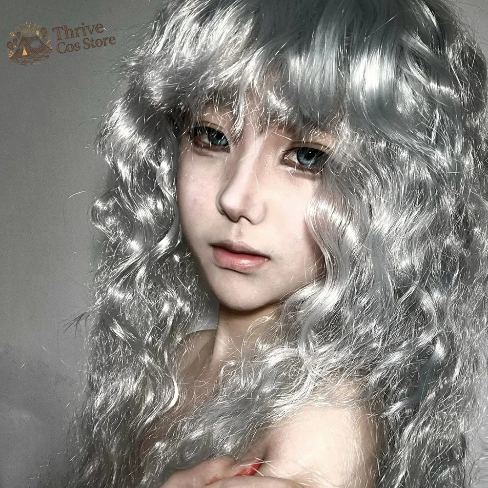 Imagen 4: Peluca de Cosplay de Anime Berserk Griffith, unisex, pelo rizado blanco plateado, peluca completa sintética resistente al calor, accesorio para carnaval de Halloween