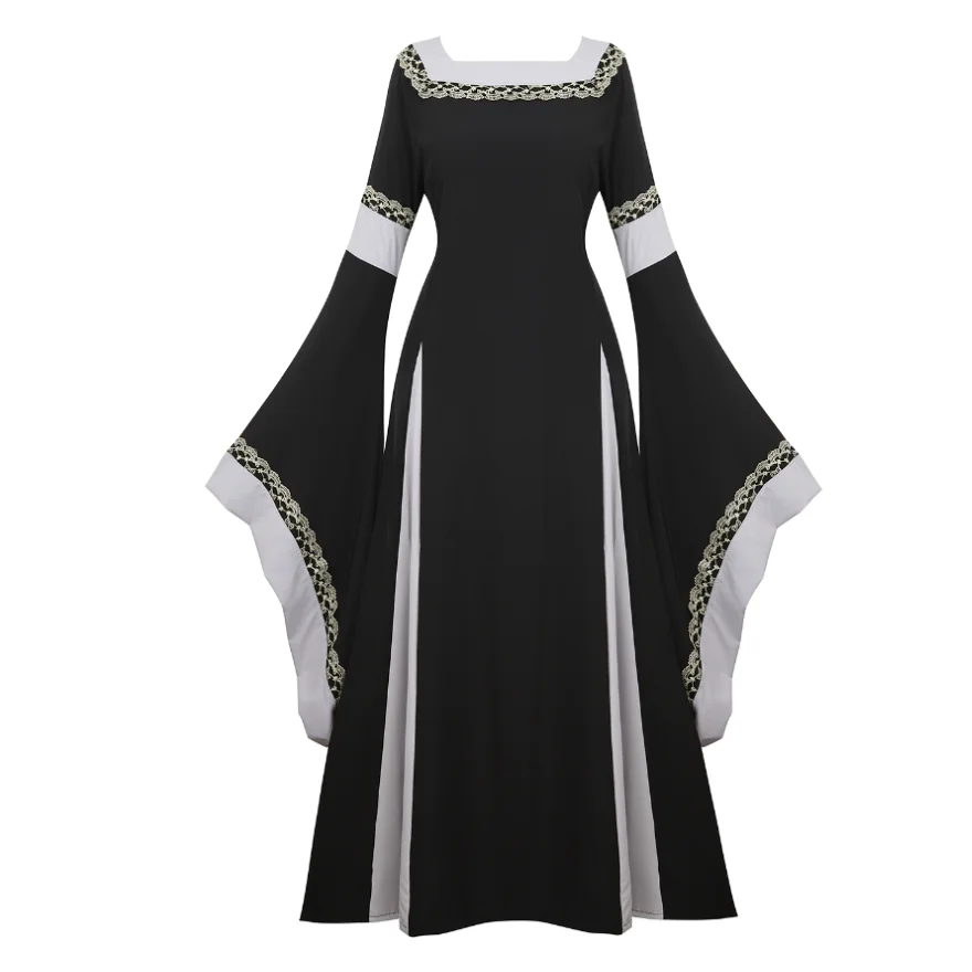 Vrouwen Middeleeuwse Renaissance Trompet Mouw Retro Vloerlengte Jurk Kanten Afwerking Ierse Over Lange Jurk Halloween Kostuum Plus Size