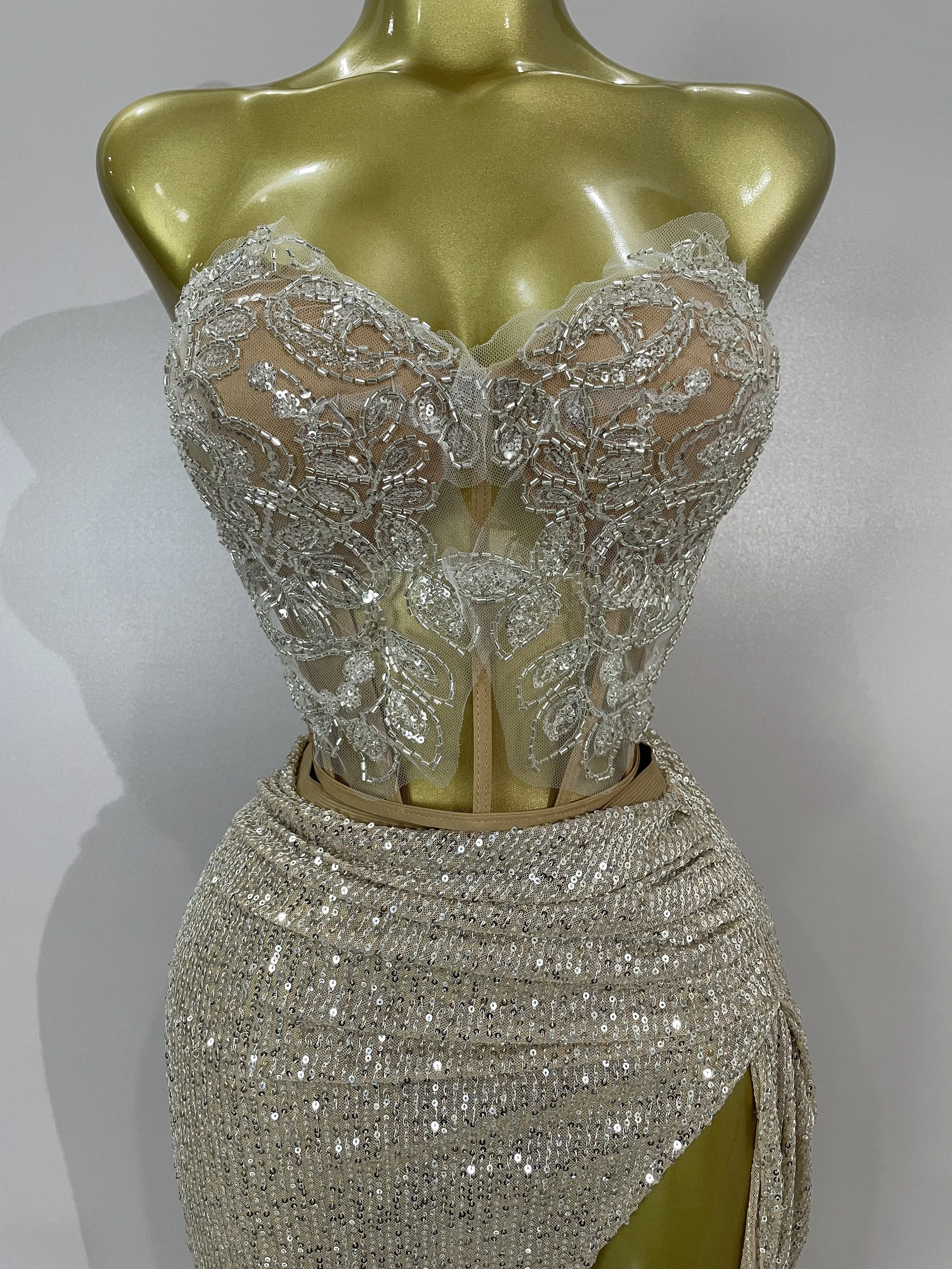 Sparkly Sequin Beading Sexy Strapless Two Pieces Set Women Evening Celebrate Nightclub Party Luxury Birthday Dress Stage Costume