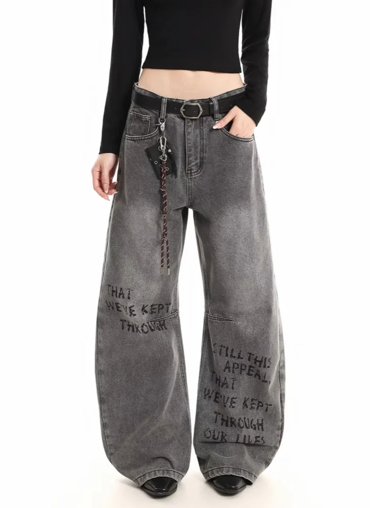 2025 American Retro Y2K Fashion Letter Printed Washed Grey Baggy Women's Jeans Pants Woman Clothes Straight Cotton Long Trousers
