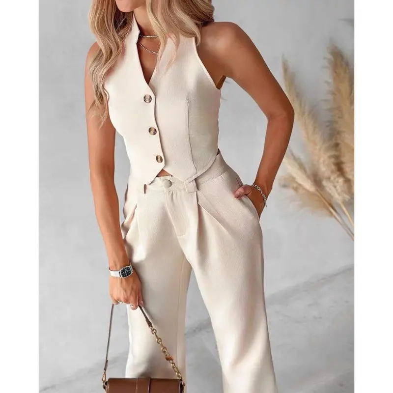 Elegant Women\'s Two Piece Summer Button Up Vest Top And Pockets Decorated High Waisted Wide Straight Leg Pants Set Streetwear