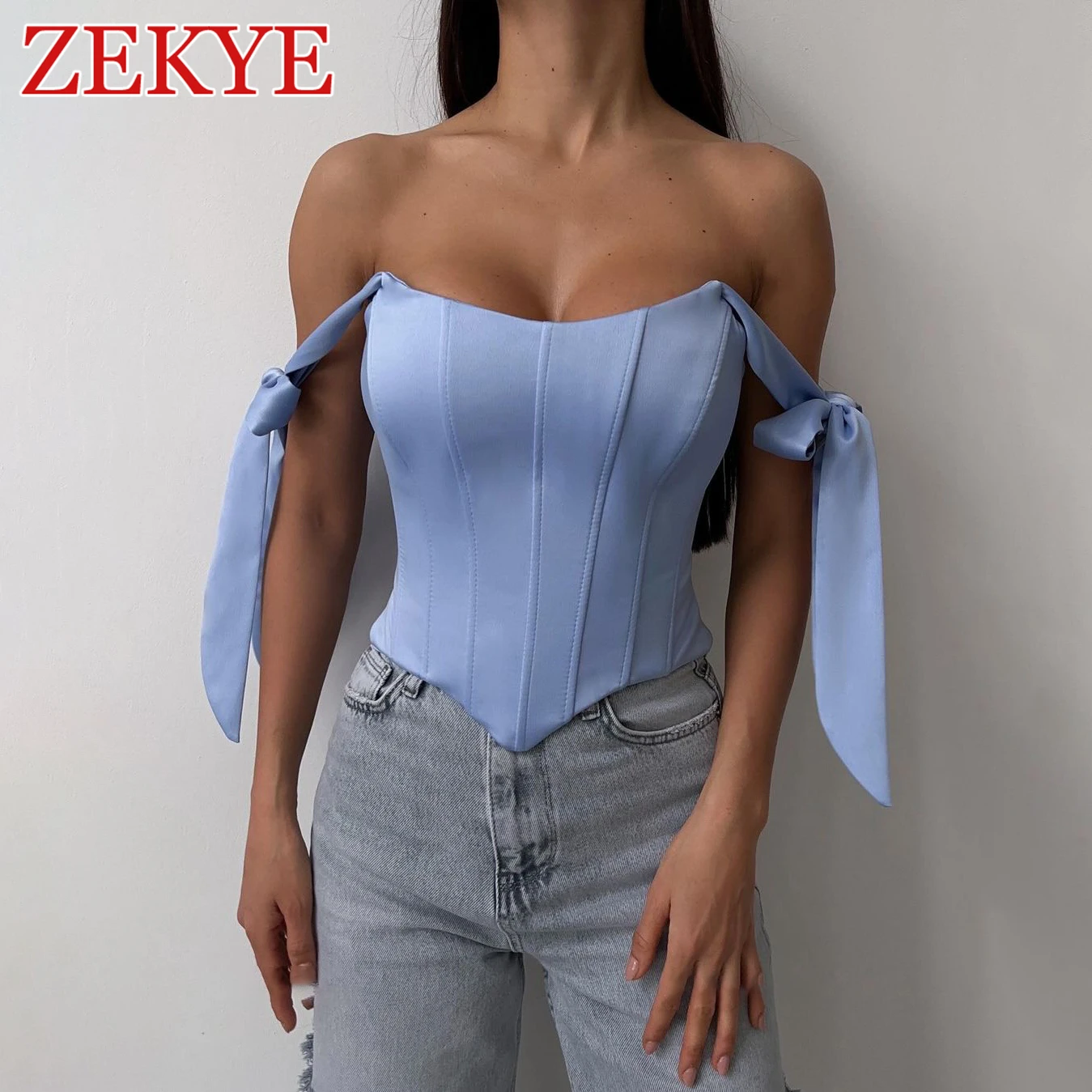 Zekye Streetwear Bandage Corset Top Women Elegant Solid Satin Kawaii Backless Zipper Slim Crop Top Fashion Summer Clothes 2024