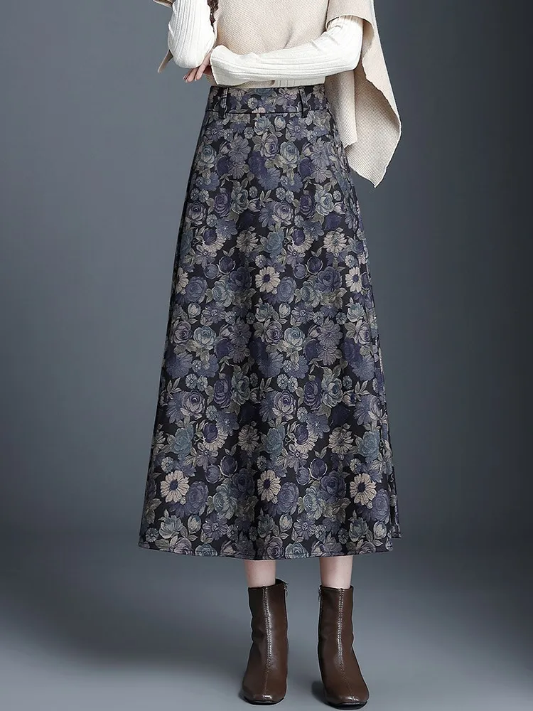 

ZUZK Fashion Printed Woollen Skirts 2026 Autumn Winter Elastic High Waist A-line Skirt Design Midi Long Skirt Loose Skirt