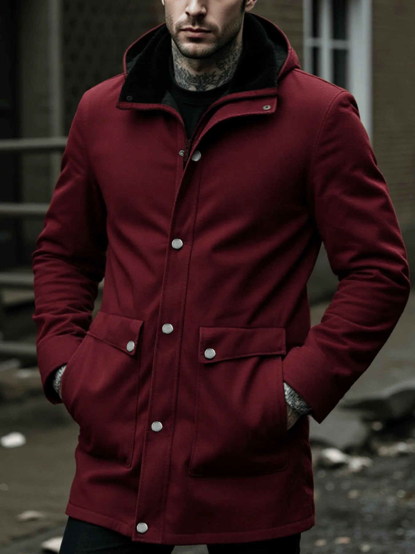 

Hooded Fleece Wool Coat Jacket Thickened Tweed Overcoat for Autumn/Winter Casual Windproof Warm Mid-Length Men's Wear