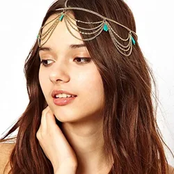 Turquoise Head Chain Unique Jewelry Headband Boho Tassel Chain Hair Band Party Headpiece Festival Prom Wedding Headband for Hall