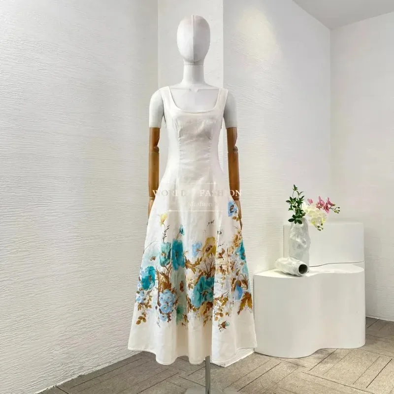 Robe mi-longue blanche sans manches, imprimé Floral, taille rétractable, dos nu, nouvelle mode 2025
