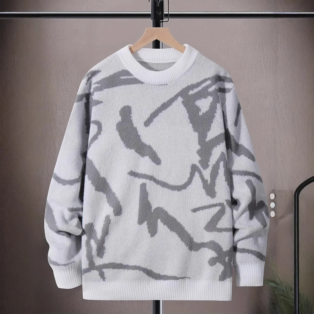 Fashion Sweater Men's Autumn and Winter Loose Round Neck Hong Kong Style Knitted Sweater Long Sleeve Hoodless Sweatshirt - Image 2