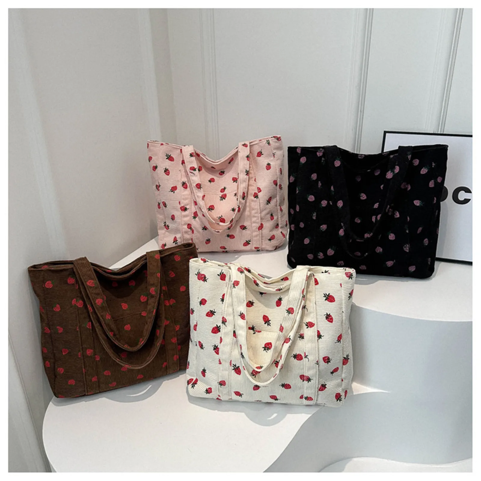 Bolsos de mano de fresa para mujer, bolsos versátiles de pana, bolsos de mano casuales de gran capacidad, bolsos de mano para mujer, bolso de axilas para viaje estético