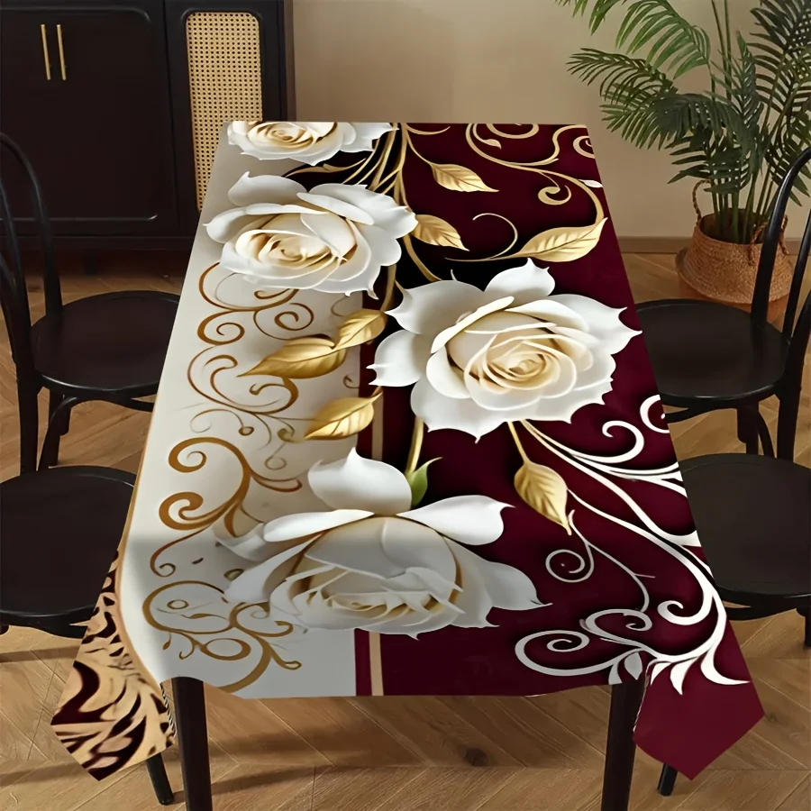 1pc Luxury Burgundy White Rose Print Tablecloth, Waterproof & Stain-Resistant for Dining Tables