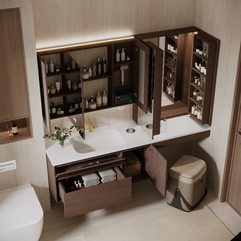 French Elegance Dark Solid Wood Floating Double Sink Bathroom Vanity With Sintered Stone Basin Smart LED Mirror Cabinet
