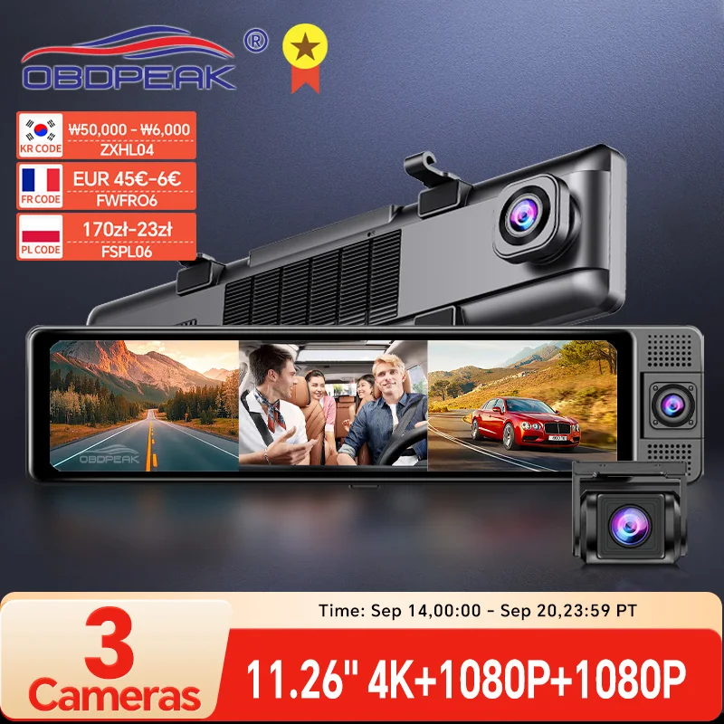 H330 Dash Cam 3 Channel Rearview Mirror Front Inside Rear 4K+1080P+1080P WiFi GPS Dual Lens Car Dvr Camera Infrared Night Vision