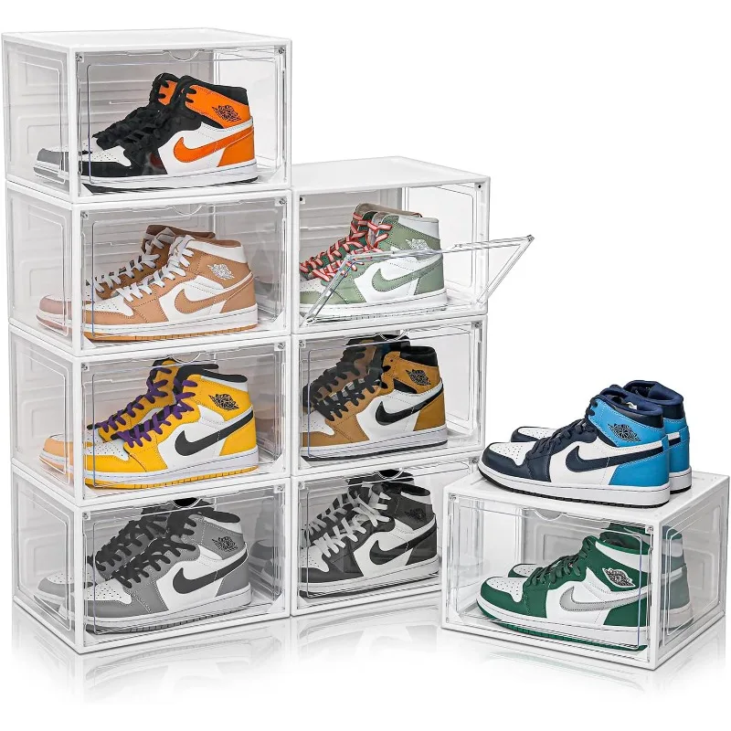 8 Pack Clear Shoe Boxes Stackable,Large Shoe Storage Organizer with Magnetic Door,Drop Side Shoe Containers for Entryway