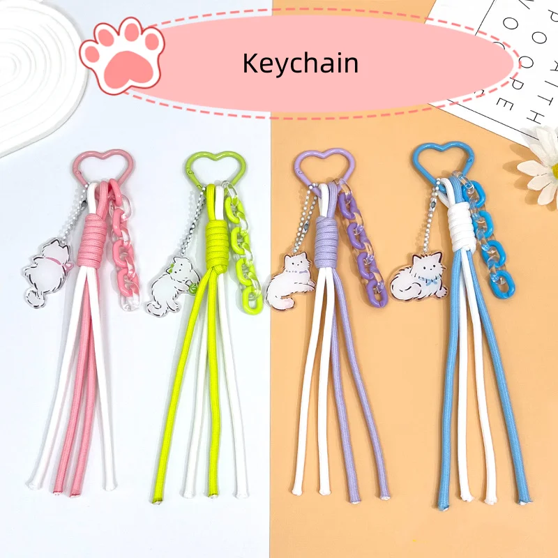 Fashion Hand Woven Rope Keychain Acrylic Cat Pendant Tassel Decoration Bag Backpack Hanging Pendant Jewelry Key Holder Access