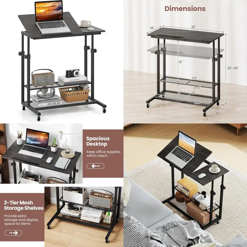 

Height-Adjustable Rolling Laptop Desk with Tabletop and Storage, Compact on Wheels for Small Spaces, Living Room & Bedroom (Grey