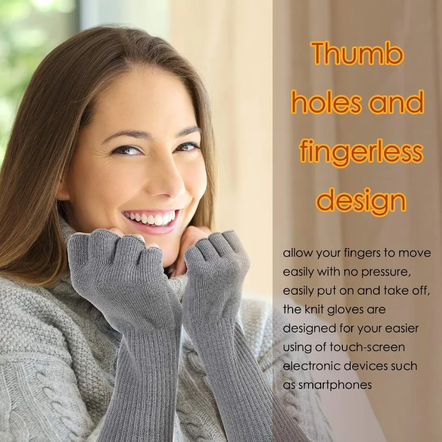 2 أزواج الشتاء أصابع قفازات طويلة الحرارية محبوك القفازات بسط مدفئات للذراع نصف اصبع قفازات للرجال النساء 11 بوصة لكل #5