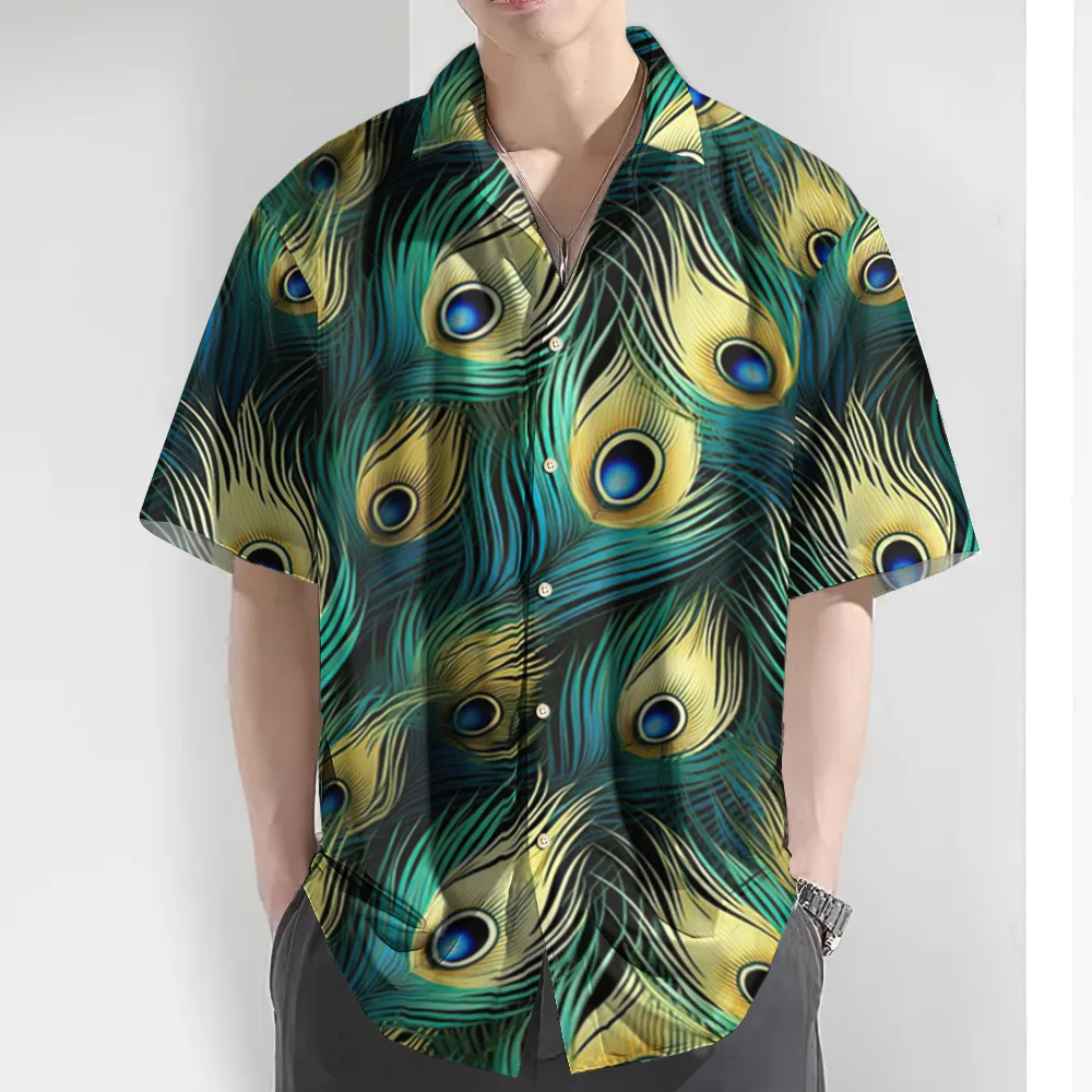 

New Summer Men's Shirt 3d Peacock Feather Print Hawaiian Shirts For Men Daily Casual Man Clothing Loose Oversized Lapel Shirts