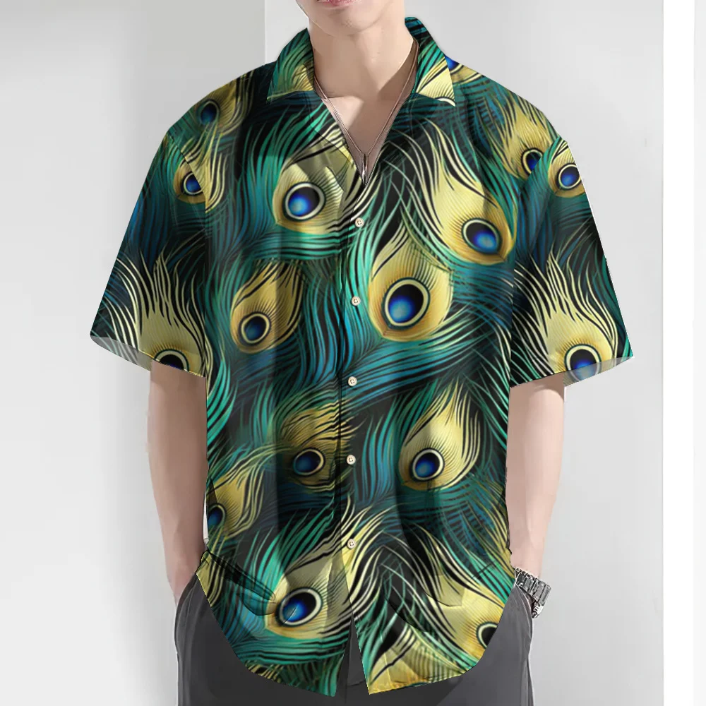 2024 Summer Men's Shirt 3d Peacock Feather Print Hawaiian Shirts For Men Daily Casual Man Clothing Loose Oversized Lapel Shirts